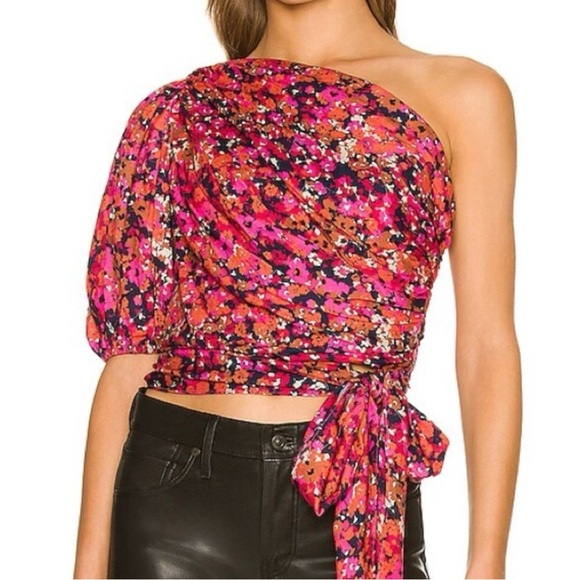 Amanda Uprichard Tops - Amanda Uprichard Bexley One Shoulder Top Bloomessence Floral Large Ruched Knot